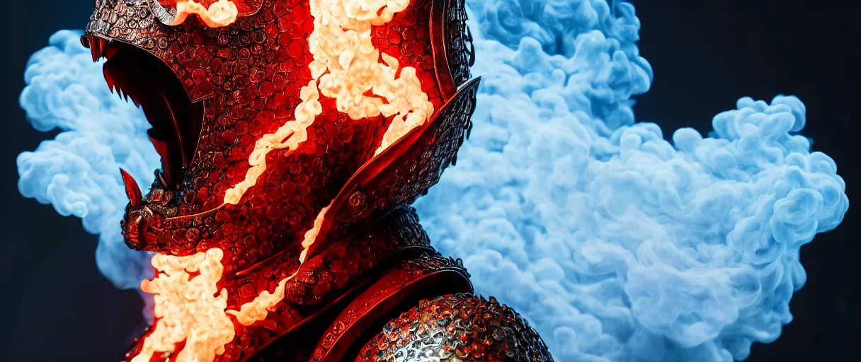 Image similar to hyperrealist highly detailed english medieval portrait of high fashion monster wearing flame fire smoke flame armor, radiating atomic neon corals, concept art pascal blanche dramatic studio lighting 8k wide angle shallow depth of field