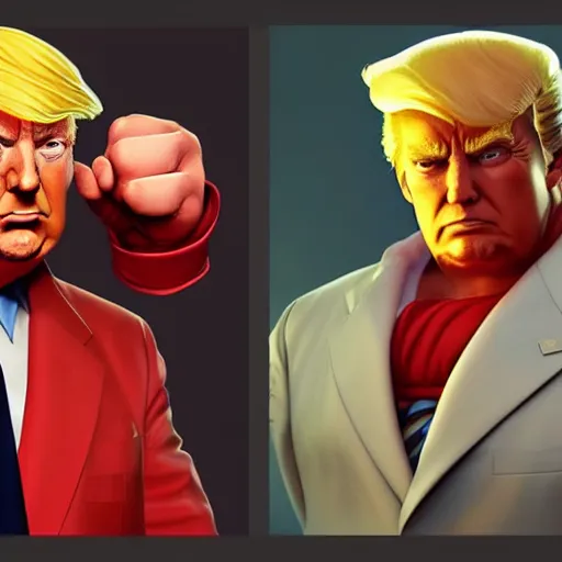 Prompt: donald trump as a street fighter character, cg animation, capcom, realistic, character select portrait, by artgerm, greg rutkowski, alphonse mucha, 3 d