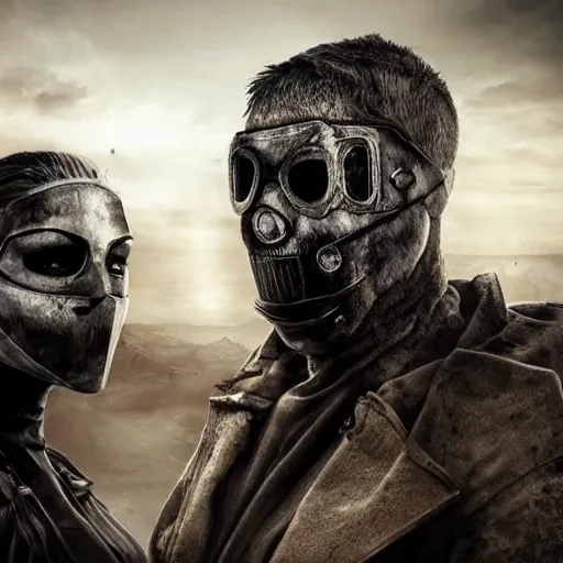 Image similar to a very huge, very big masked mutant man standing next to a small blonde woman, they are staring at the horizon where there are the ruins of a city, postapocalyptic, mad max style, award winning photograph, over the shoulder photo