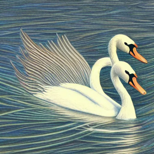 Image similar to Colored pencil art , Swan swimming in the pon, highly detailed, artstation, MasterPiece, Award-Winning, Caran d'Ache Luminance