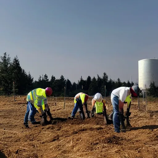 Image similar to a group of workers planting trees in a rural landscape with glowing clean white sci fi containment building in the distance