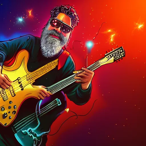 Image similar to a Jerry Garcia guitarist playing so intensely there is electricity shooting out from his guitar, energy beams under his finger tips, and magic sparkles from the freboard, amazing ditial art, trending on artstation, featured on deviantart