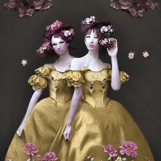 Prompt: 8k, octane render, realism, tonalism, renaissance, rococo, baroque, group of realistic creepy young ladies wearing long harajuku manga dress with flowers and skulls, background chaotic gold leaf flowers