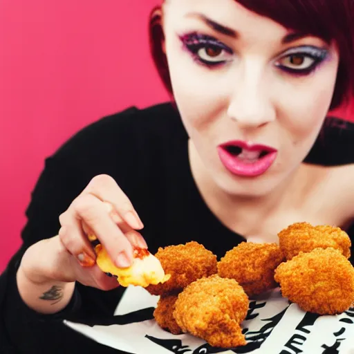 Prompt: a goth chick eating chicken nuggets from mcdonald's