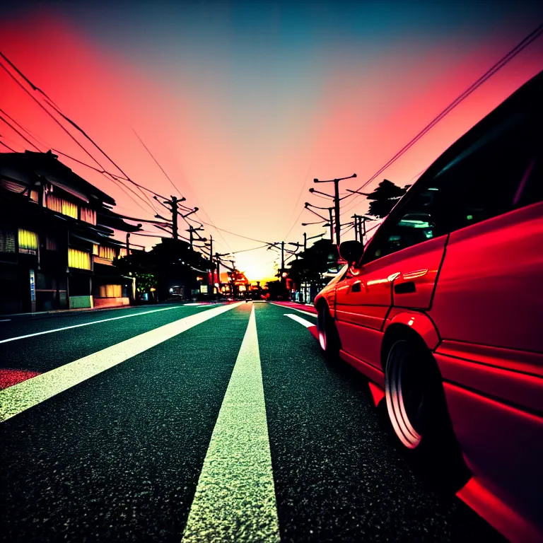 Prompt: close-up-photo JZX90 drift middle of street, sunset kanagawa prefecture, night, cinematic color, photorealistic, highly detailed,