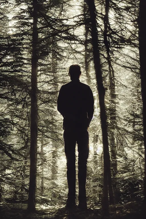 Image similar to kodak portra 4 0 0 photograph of a guy with deer antlers standing in a dark fantasy forest, back view, lens flare, moody lighting, moody vibe, telephoto, 9 0 s vibe, blurry background, grain, tranquil, calm, faded!,