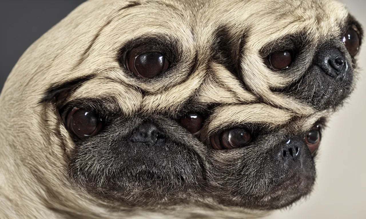 Prompt: pug sloth hybrid, chymera, in laboratory panoramic, wide depth of field, 8 k