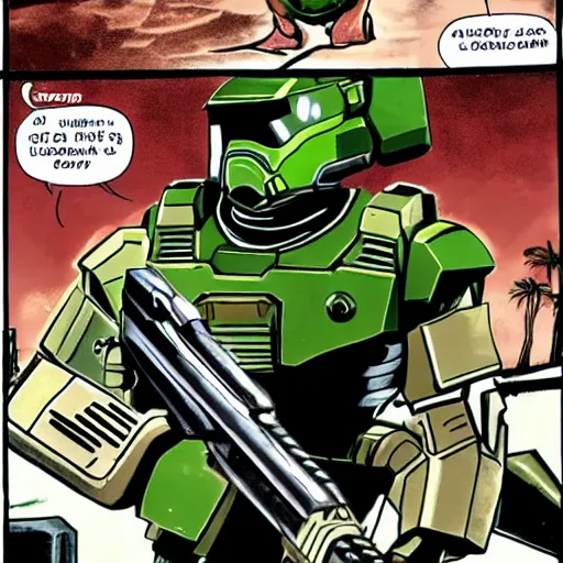 Image similar to doomguy shooting master chief at close range