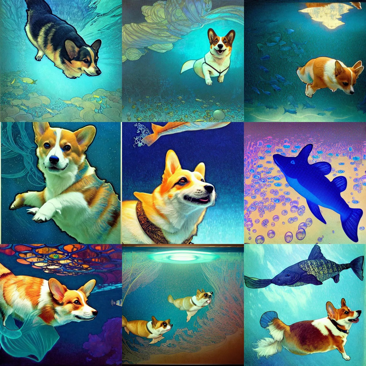 Prompt: hyperrealist photo of floating corgi fish underwater dark ocean, blue lighting, by freud and victo ngai and alphonse mucha very detailed faces