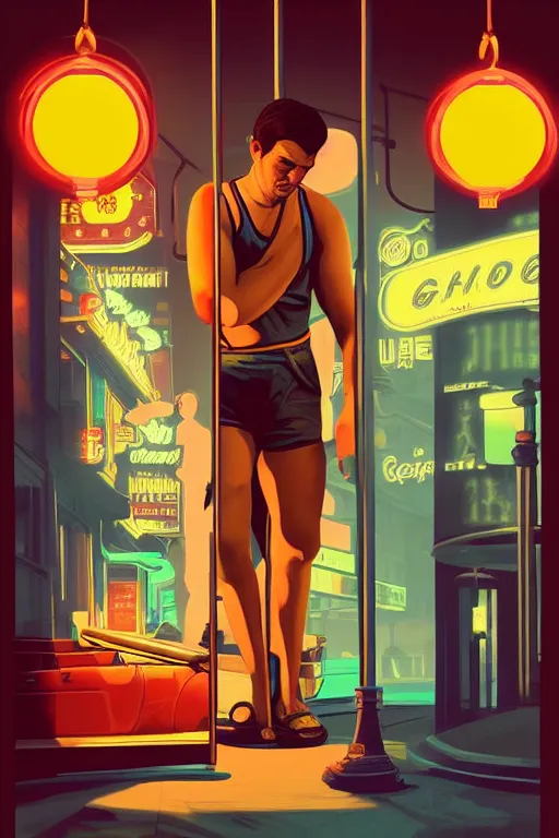 Image similar to boy with singlet and towel on shoulder. grand theft auto chinatown art city, bioshock art style pop art, no duplicate image, glowing lights, ultra details, digital painting, artstation, concept art, smooth, sharp focus, illustration, intecrate details, art by richard hamilton and mimmo rottela, pixels art by paul robertson