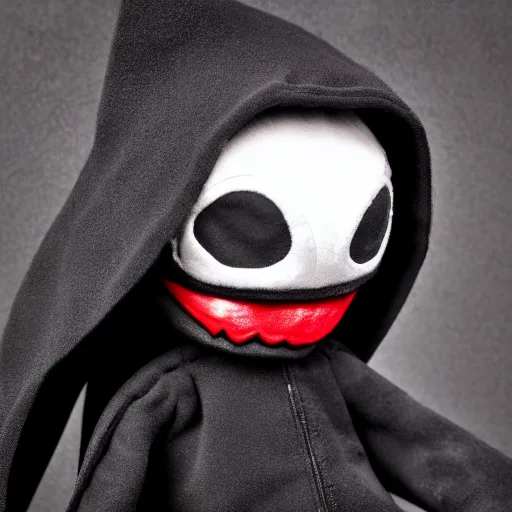 Prompt: close up potrait of an adorable grim reaper plush with black evil eyes, bat wings and venom's mouth, 4k, product photography
