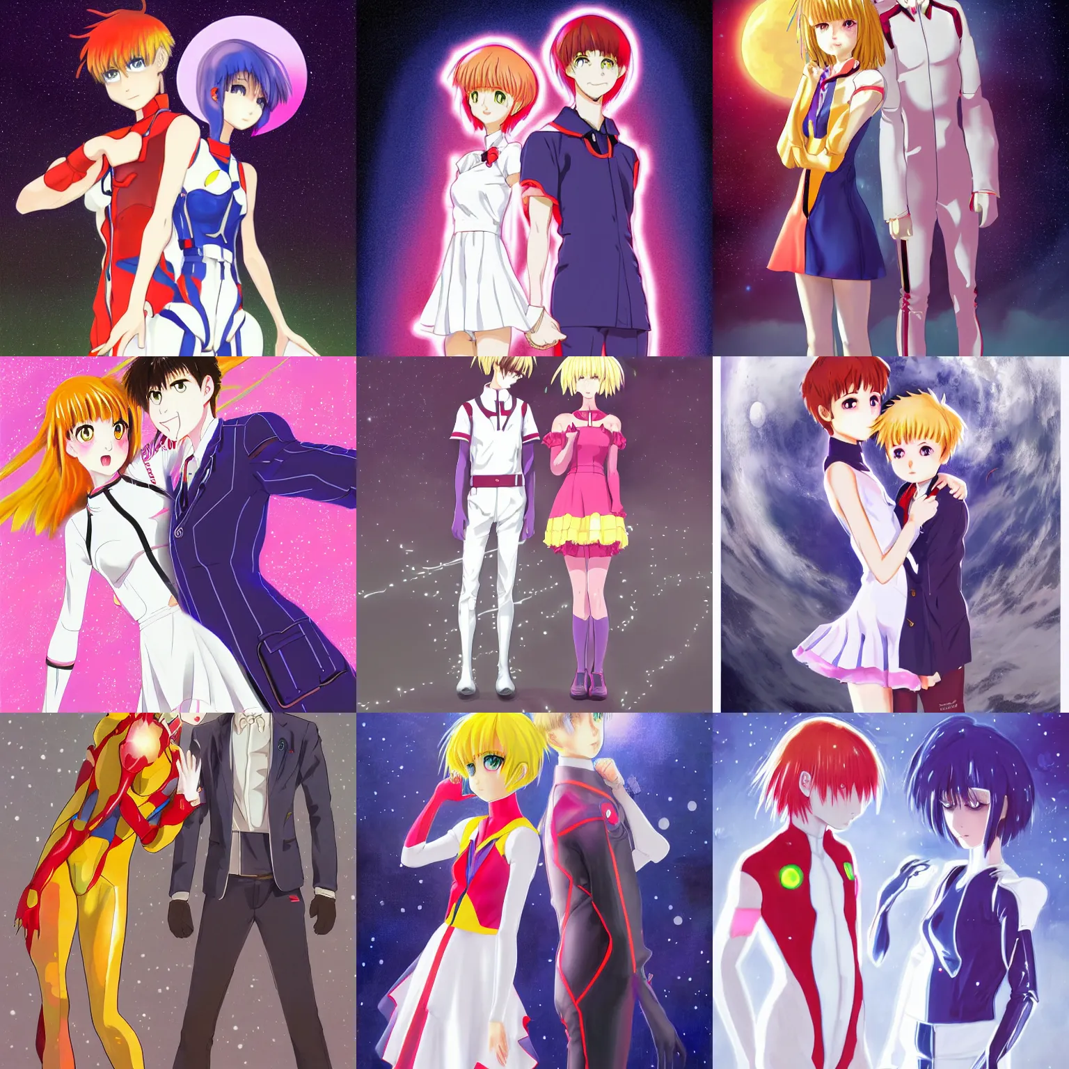 Prompt: A full body portrait of twi brother and sister with golden short hair as Neon Genesis Evangelion, face to face, white wearing, ornate frilly dress, full moon raining night, digital painting, concept art, highly detailed, sharp focus, art by Kyoto Animation, anime illustration, trending on Pixiv.