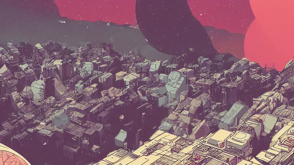 Prompt: very detailed, prophet graphic novel, ilya kuvshinov, mcbess, rutkowski, simon roy, illustration of a planet, view from space, wide shot, colorful, deep shadows,