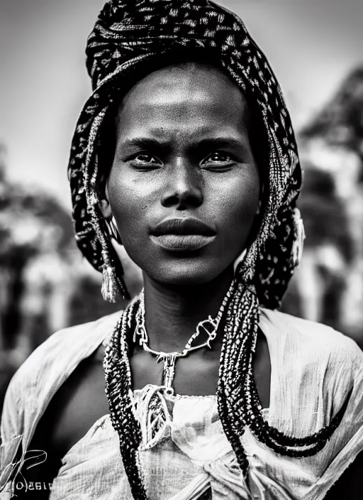 Image similar to Mid-shot portrait of a beautiful 20-year-old woman from Ethiopia in her traditional get-up, candid street portrait in the style of Mario Testino award winning, Sony a7R