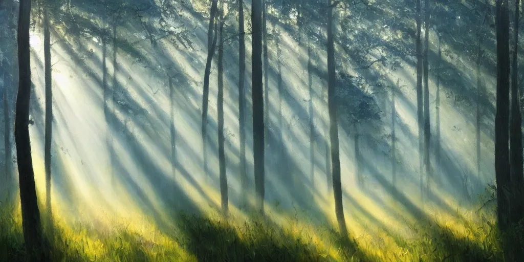 Image similar to An oil painting of an intensely beautiful forest in the morning; rays of light coming through the canopy; trending on artstation; extraordinary masterpiece!!!!!!