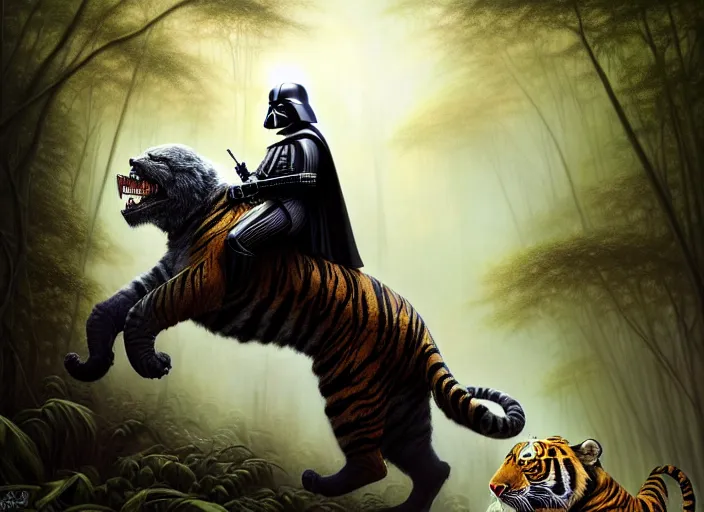 Image similar to romantic portrait shot of darth vader riding a tiger through the jungle intricate, elegant, highly detailed, centered, digital painting, artstation, concept art, smooth, sharp focus, illustration, artgerm, tomasz alen kopera, peter mohrbacher, donato giancola, joseph christian leyendecker, wlop, boris vallejo