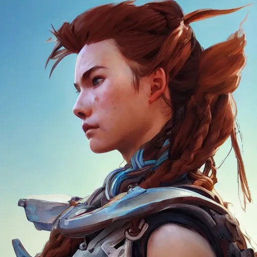 Prompt: Aloy from Horizon: Zero Dawn, side view portrait, strong woman, videogame character, highly detailed, digital painting, artstation, concept art, smooth, sharp focus, beautiful face, expressive eyes, illustration, art by Artgerm and greg rutkowski and alphonse mucha