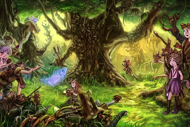 Image similar to a party of adventurers traveling through the dark and dangerous magical forest where hidden dangers and creatures hide behind every tree