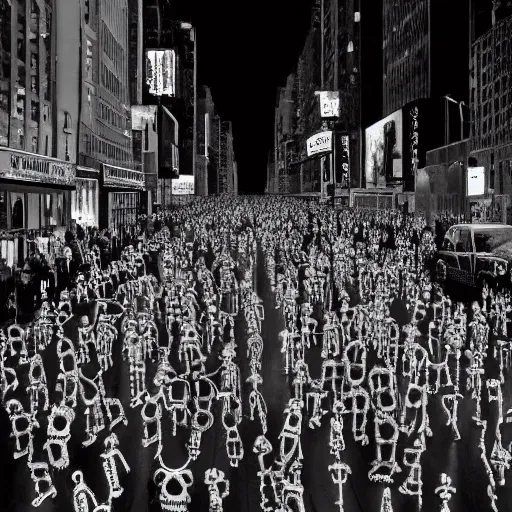 Image similar to photo, a giant crowd of silvery shiny refective black latex claymation skeletons by ray harryhausen inside a 1980's new york nighttime street, dramatic lighting, blue moonlight, distant flickering street light, edge lighting, ray traced lighting