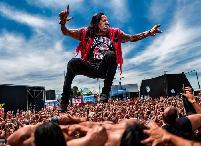 Image similar to photo still of danny trejo at vans warped tour!!!!!!!! at age 6 3 years old 6 3 years of age!!!!!!! stage diving at a crowd, 8 k, 8 5 mm f 1. 8, studio lighting, rim light, right side key light