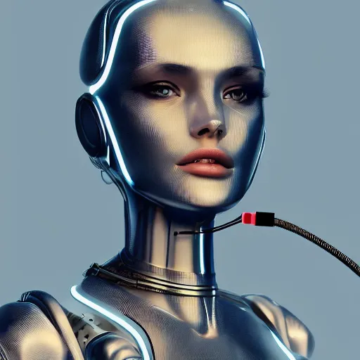 Image similar to a beautiful woman wearing robot suit with wires and light, highly detailed, photorealistic, artstation, smooth