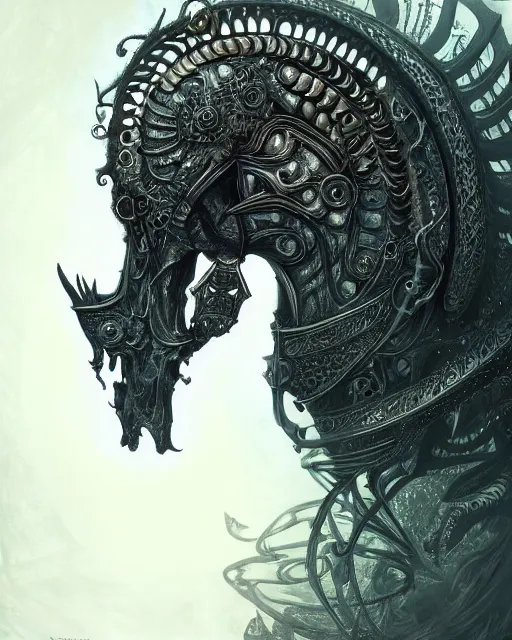 Image similar to fractal skull horse by giger, deep focus, d & d, dark fantasy, intricate glow accents, elegant, highly detailed, digital painting, artstation, concept art, matte, sharp focus, 8 k 3 d, hearthstone, art by artgerm and greg rutkowski and alphonse mucha