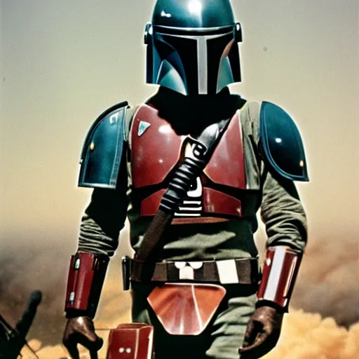 Prompt: mandalorian with atomic bomb explosion behind him, vintage color photo