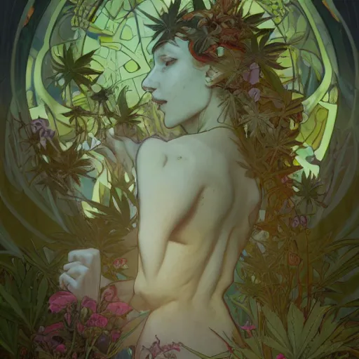 Image similar to a cannabis plant, bio vegetal concept art, by Peter Mohrbacher and Alphonse Mucha, chess, amazonia, detailed, style, 8k, trending on artstation, unreal engine 4k, detailed, clean background trending, full shot, symmetrical portrait, sophisticated, Unreal engine, dystopia, anti-utopia, post processing, psychadelic