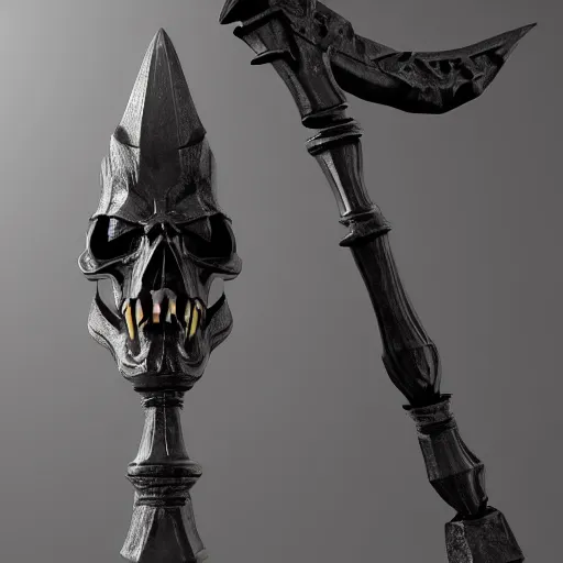 Image similar to a black sword skull handle, ornament, weapon, a 3 d render by dom qwek, studio lighting, front side view, trending on polycount, hard surface modeling, rendered in maya, 3 ds max, blender, artstation hd, vray