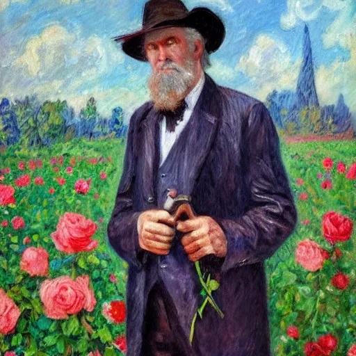 Prompt: an impressionist painting of a tall older man standing in a field of roses with blue eyes that is wearing a wide brim hat and a leather vest with a blue shirt. He is holding a revolver in his left hand and a rose is in his right hand.