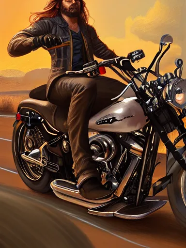 Image similar to handsome man with long hair riding a harley davidson in the wild. intricate, elegant, highly detailed, digital painting, artstation, cinematic shot, concept art, sharp focus, illustration, by justin gerard and artgerm, 8 k