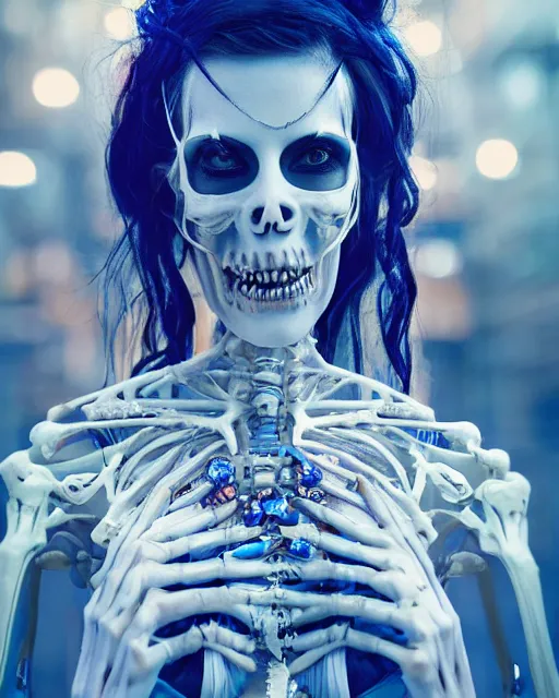 Image similar to natural light, soft focus portrait of a cyberpunk skeletal corpsebride, octane render, tilt shift, polaeized light, blue bioluminescent plastics, smooth shiny metal, elaborate ornate head piece, piercings, skin textures, by annie leibovitz, paul lehr