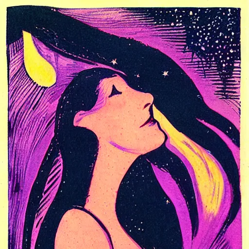 Image similar to Experimental art. A beautiful illustration of a young girl with long flowing hair, looking up at the stars. She appears to be dreaming or lost in thought. by Ernst Ludwig Kirchner, by Randolph Caldecott ghostly