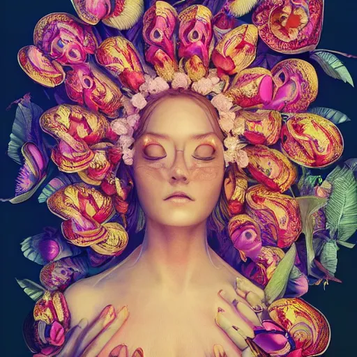 Image similar to the portrait of an absurdly beautiful, graceful, elegant woman made of bananas and petals, an ultrafine detailed illustration by irakli nadar, naoki ikushima, mika iizuka, intricate linework, bright colors, final fantasy, behance contest winner, angular, unreal engine 5 highly rendered, global illumination, radiant light, detailed and intricate environment
