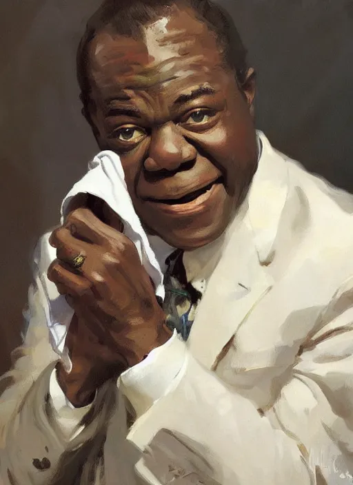 Image similar to a portrait of louis armstrong holding a white handkerchief, by greg manchess and john singer sargent and jonathan yeo, dramatic lighting, highly detailed digital painting