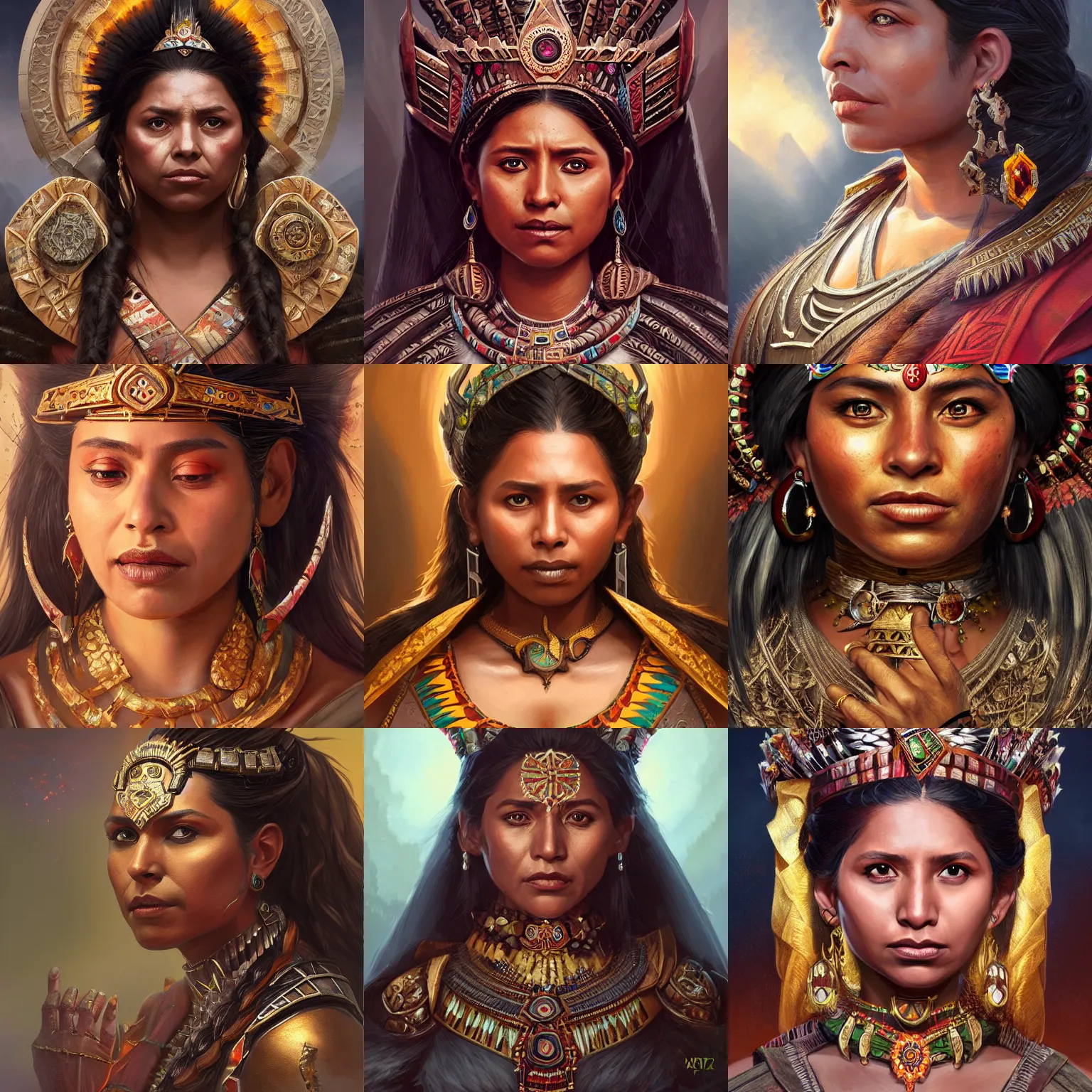 Prompt: aztec empress, Yalitza Aparicio, D&D, fantasy, portrait, highly detailed, digital painting, trending on artstation, concept art, sharp focus, illustration, art by artgerm and greg rutkowski and magali villeneuve