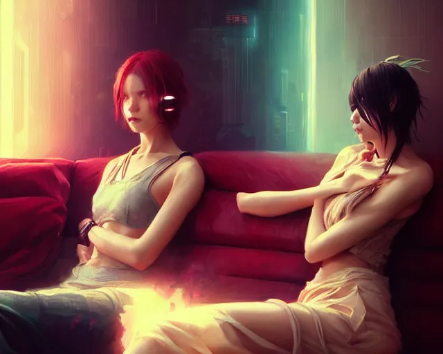 Prompt: a painting of two women sitting on a couch, cyberpunk art by wlop, cgsociety, fantasy art, anime aesthetic, anime, dystopian art, true anatomy, extremely beautiful face, extremely detailed face