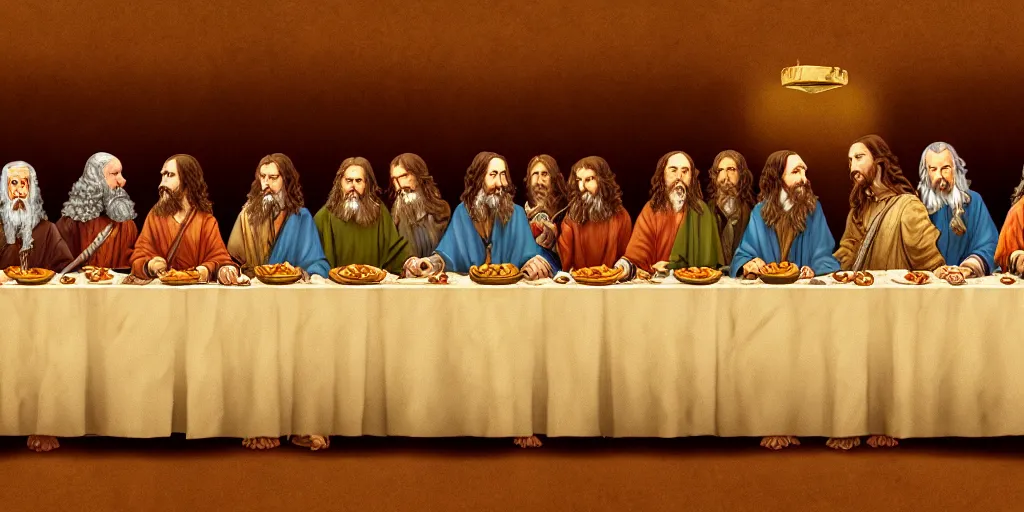 Prompt: lord of the rings last supper by wes anderson, digital painting, trending on artstation, sharp focus, 4 k