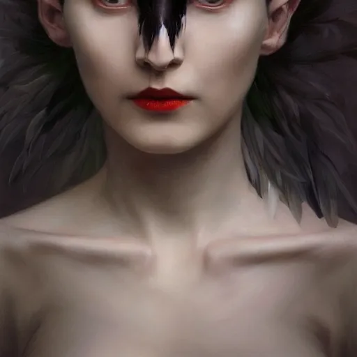 Prompt: yanjun cheng portrait of a beautiful dark fae woman, with black lips, gray mottled skin, black feathers instead of hair, feathers growing out of skin, modestly clothed, intricate, detailed, symmetric face, by wlop and karol bak and bouguereau and viktoria gavrilenko