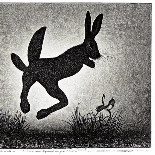 Prompt: etching of a jackrabbit jumping downward