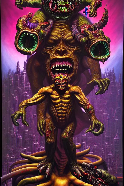 Prompt: a hyperrealistic painting of an epic boss fight against an ornate supreme dark overlord, cinematic horror by chris cunningham, lisa frank, richard corben, highly detailed, vivid color,