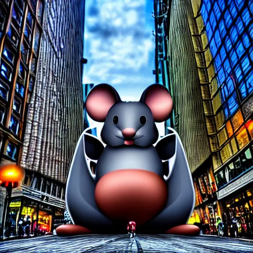 Image similar to giant mouse in the city, photorealistic, highly detailed, sharp focus, vivid, symmetrical, random, convoluted, mind - blowing, creative, fully functional, physics defying, amazing, cool, hdr