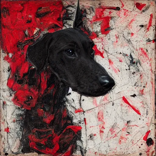 Image similar to a pach of black greyhounds walking through red flowers, by nicola samori