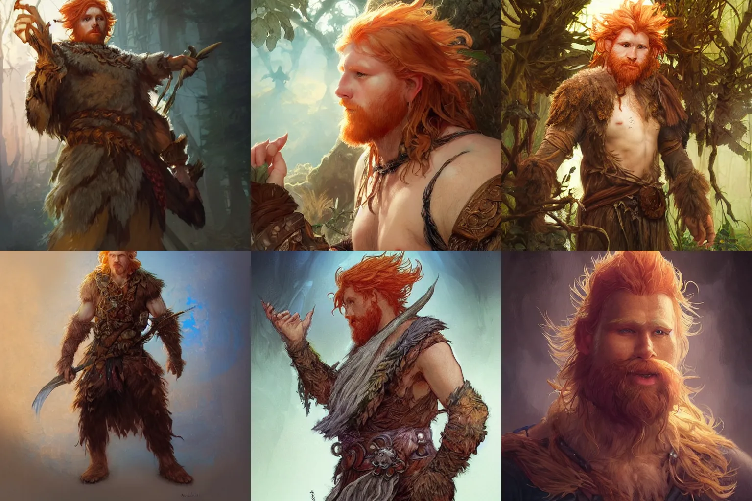 Prompt: a firbolg man druid with strawberry blonde hair and huge hands covered in sirt, D&D, fantasy, intricate, cinematic lighting, highly detailed, digital painting, artstation, concept art, smooth, sharp focus, illustration, art by Artgerm and Greg Rutkowski and Alphonse Mucha