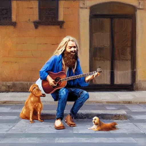 Image similar to oil painting of a young man with long hair blond and a beard hippie style with his golden retrever dog playing guitar in the square for money, people watching around, by greg rutkowski, artstation