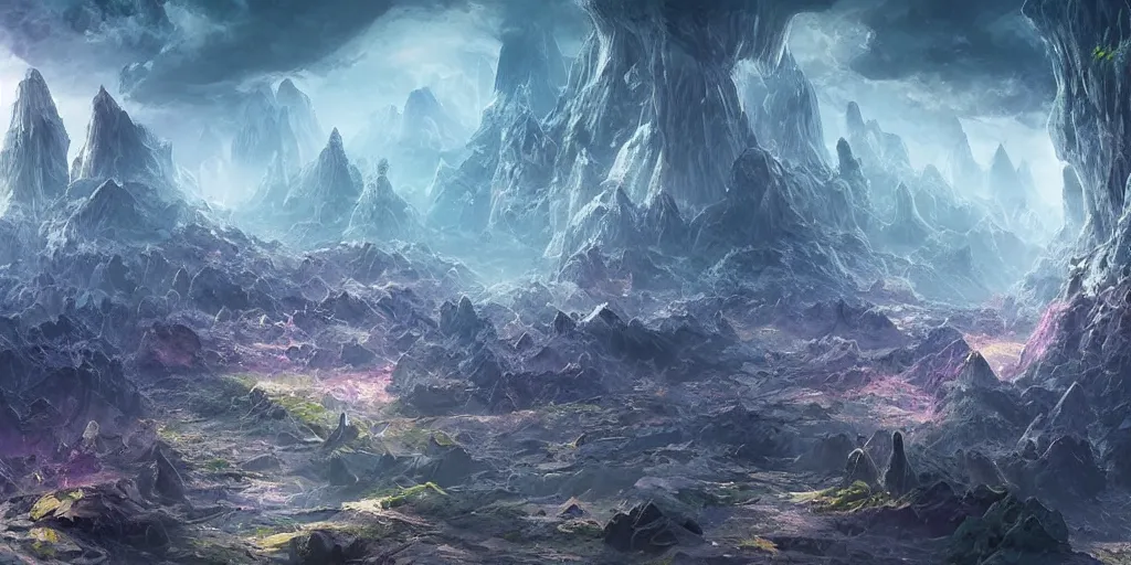 Prompt: Quartz crystal landscape, city of crystals inhabited by light beings, fantasy landscape concept, detailed matte painting