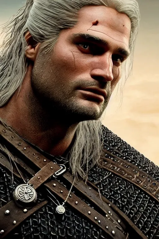 Image similar to the witcher, josh holloway face!!!, masterpiece, white hair, highly detailed face, ultra realistic, concept art, intricate details, highly detailed, photorealistic, octane render, 8 k, unreal engine. horror film still, heavy grain, 3 5 mm, art by artgerm and greg rutkowski and alphonse mucha