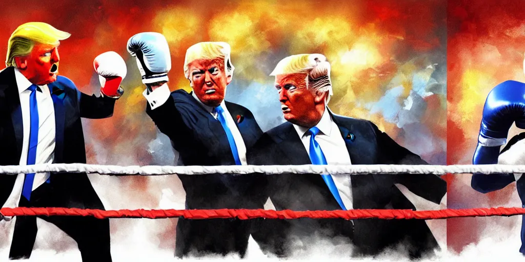 Prompt: donald trump and joe biden in a boxing match, sharp focus, matte painting, illustration, concept art,