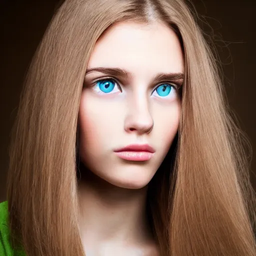 Image similar to brunette with dyed blonde hair, 21 years old, 165 cm tall, long flat hair, blonde, green eyes, 20% smaller nose, small mouth, round shaped face, big forehead, lop eared, thin eyebrows, real life Carl Zeiss optics photo