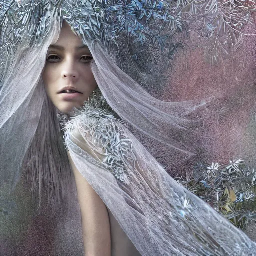 Prompt: a highly detailed ethereal full body shot, digital image of a silver covered elegantly posed futuristic woman beautifully cocooned in chromatic leafy foliage like leaves shot, full body shot, by Andrew Chiampo, artstation, and Frederik Heyman, extremely detailed woman, stunning volumetric lighting, intricate details, hyper realism, fantasy, textured, stylized, 4k,